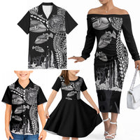 Hawaiian Reef Triggerfish Family Matching Off The Shoulder Long Sleeve Dress and Hawaiian Shirt Polynesian Art with Tribal Humuhumunukunukuapua'a LT03 - Polynesian Pride