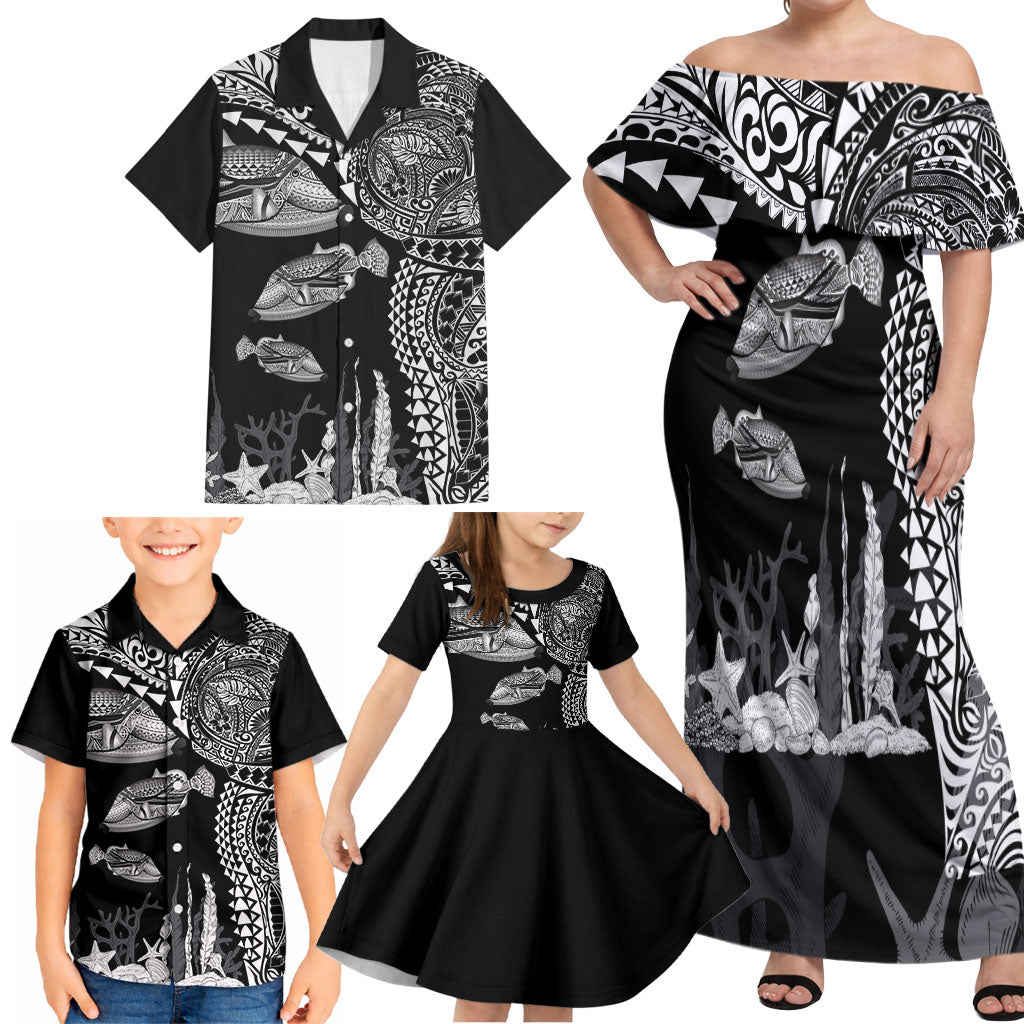 Hawaiian Reef Triggerfish Family Matching Off Shoulder Maxi Dress and Hawaiian Shirt Polynesian Art with Tribal Humuhumunukunukuapua'a LT03 - Polynesian Pride