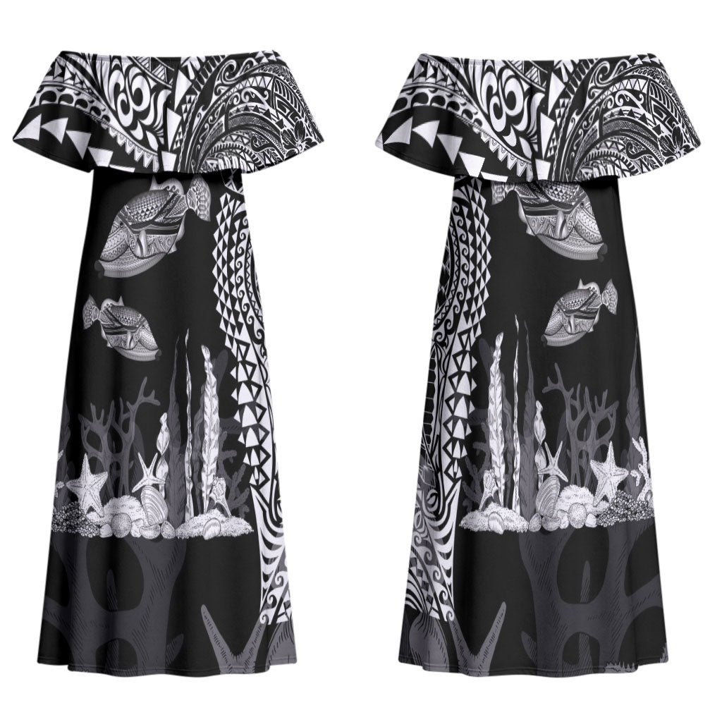 Hawaiian Reef Triggerfish Family Matching Off Shoulder Maxi Dress and Hawaiian Shirt Polynesian Art with Tribal Humuhumunukunukuapua'a LT03 Mom's Dress Black - Polynesian Pride