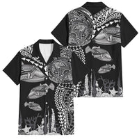 Hawaiian Reef Triggerfish Family Matching Off Shoulder Maxi Dress and Hawaiian Shirt Polynesian Art with Tribal Humuhumunukunukuapua'a LT03 Dad's Shirt - Short Sleeve Black - Polynesian Pride