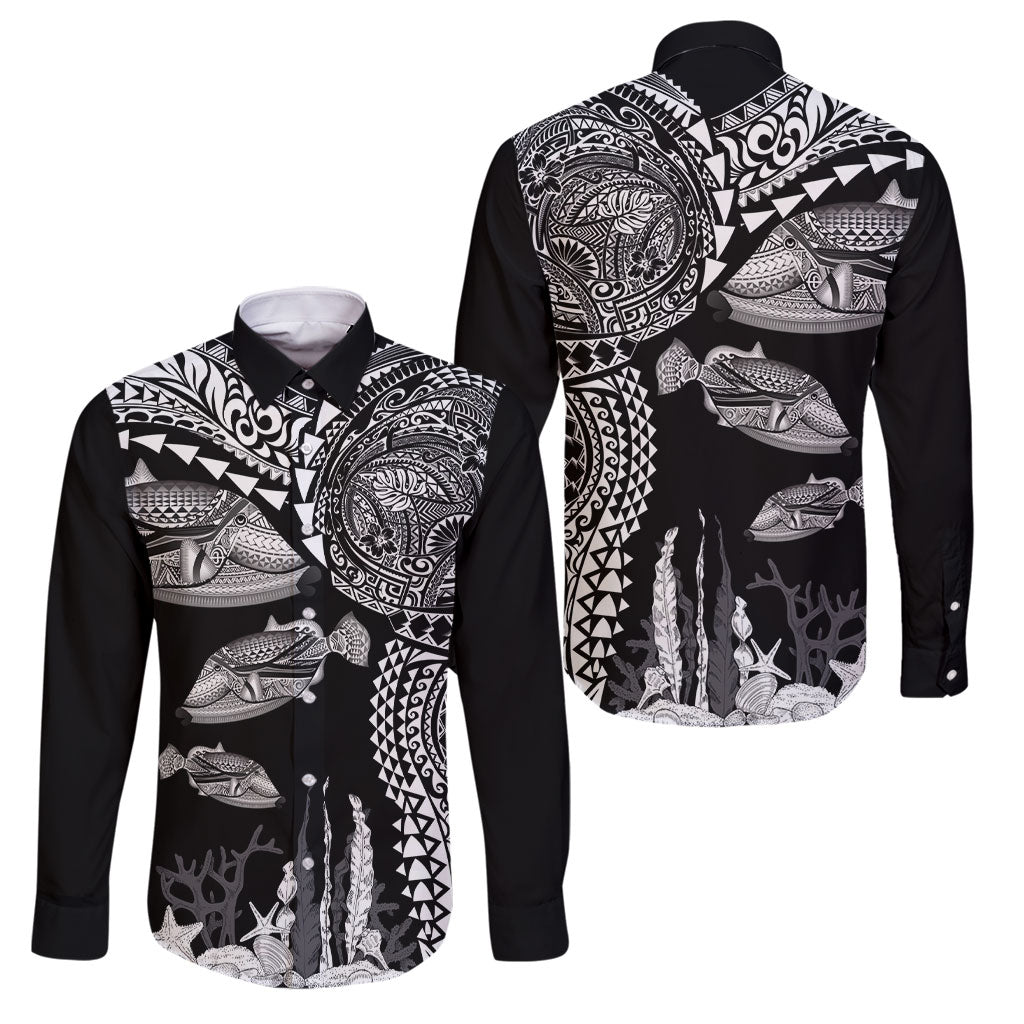 Hawaiian Reef Triggerfish Family Matching Off Shoulder Maxi Dress and Hawaiian Shirt Polynesian Art with Tribal Humuhumunukunukuapua'a LT03 Dad's Shirt - Long Sleeve Black - Polynesian Pride