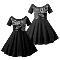 Hawaiian Reef Triggerfish Family Matching Off Shoulder Maxi Dress and Hawaiian Shirt Polynesian Art with Tribal Humuhumunukunukuapua'a LT03 Daughter's Dress Black - Polynesian Pride