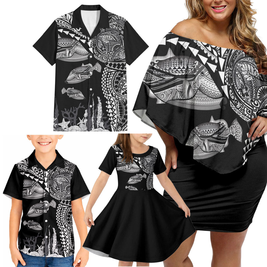 Hawaiian Reef Triggerfish Family Matching Off Shoulder Short Dress and Hawaiian Shirt Polynesian Art with Tribal Humuhumunukunukuapua'a LT03 - Polynesian Pride