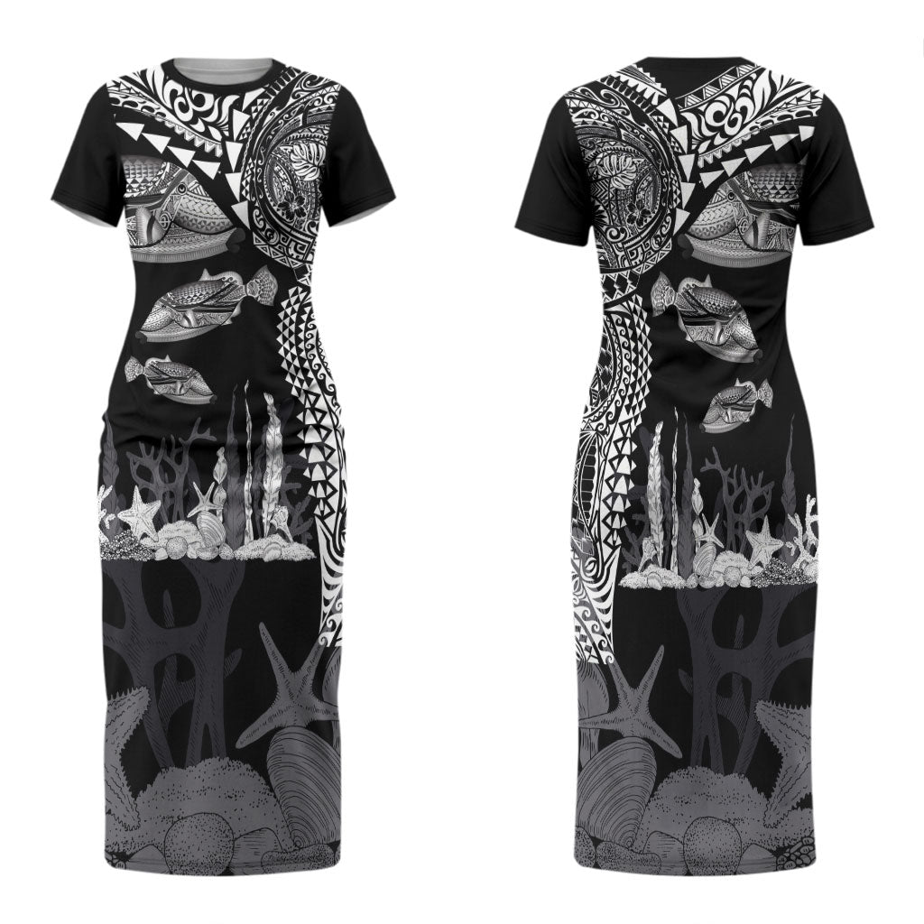Hawaiian Reef Triggerfish Family Matching Short Sleeve Bodycon Dress and Hawaiian Shirt Polynesian Art with Tribal Humuhumunukunukuapua'a LT03 Mom's Dress Black - Polynesian Pride