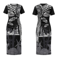 Hawaiian Reef Triggerfish Family Matching Short Sleeve Bodycon Dress and Hawaiian Shirt Polynesian Art with Tribal Humuhumunukunukuapua'a LT03 Mom's Dress Black - Polynesian Pride