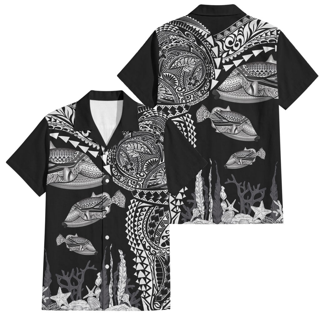 Hawaiian Reef Triggerfish Family Matching Summer Maxi Dress and Hawaiian Shirt Polynesian Art with Tribal Humuhumunukunukuapua'a LT03 Dad's Shirt - Short Sleeve Black - Polynesian Pride