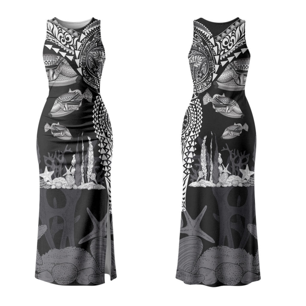 Hawaiian Reef Triggerfish Family Matching Tank Maxi Dress and Hawaiian Shirt Polynesian Art with Tribal Humuhumunukunukuapua'a LT03 Mom's Dress Black - Polynesian Pride
