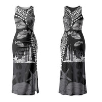 Hawaiian Reef Triggerfish Family Matching Tank Maxi Dress and Hawaiian Shirt Polynesian Art with Tribal Humuhumunukunukuapua'a LT03 Mom's Dress Black - Polynesian Pride