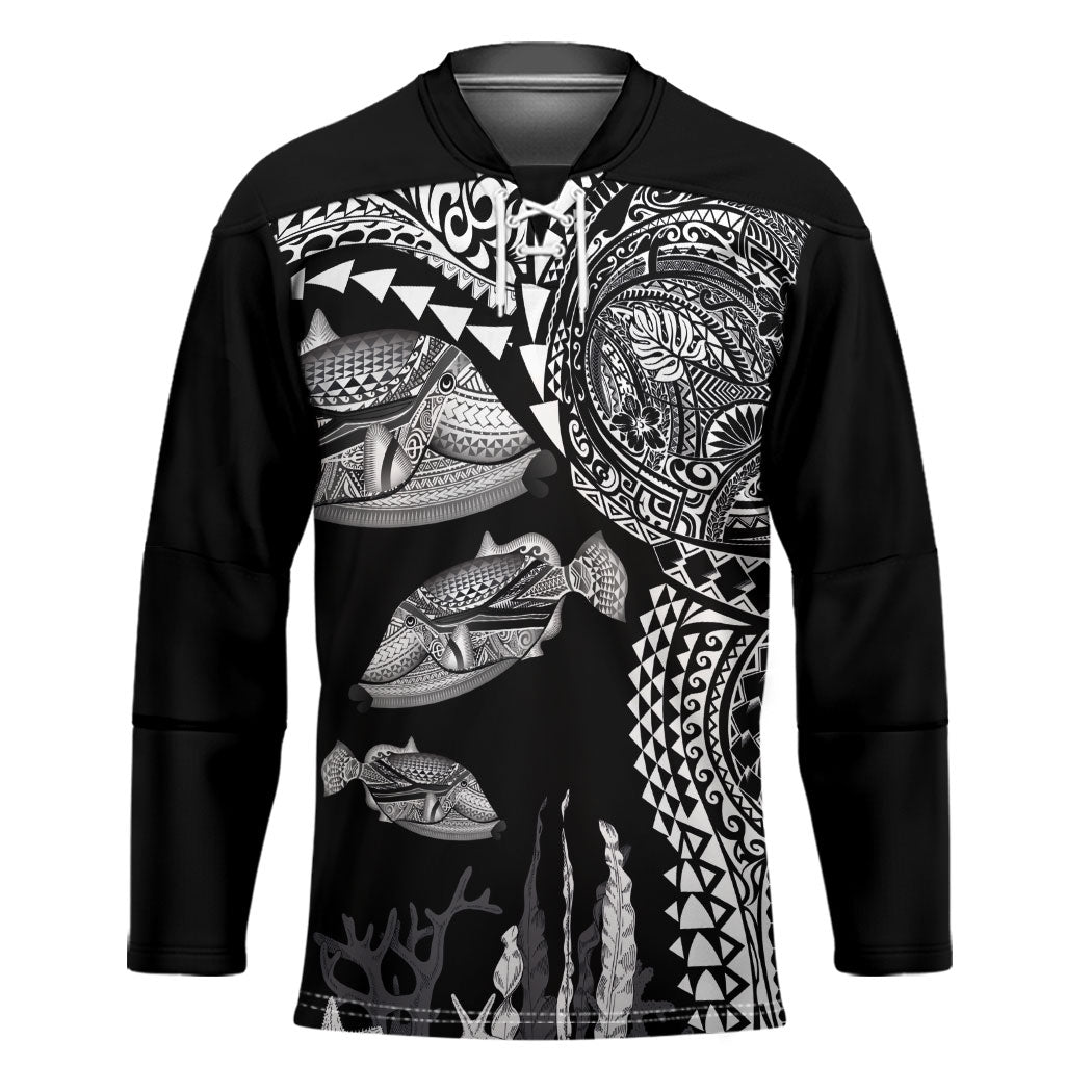 Hawaiian Reef Triggerfish Hockey Jersey Polynesian Art with Tribal Humuhumunukunukuapua'a LT03 Unisex Black - Polynesian Pride
