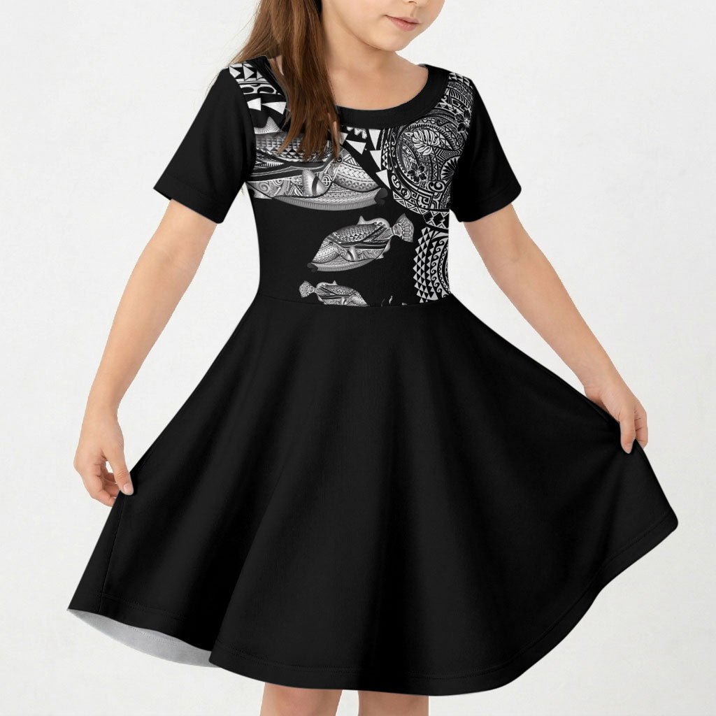 Hawaiian Reef Triggerfish Kid Short Sleeve Dress Polynesian Art with Tribal Humuhumunukunukuapua'a LT03 KID Black - Polynesian Pride
