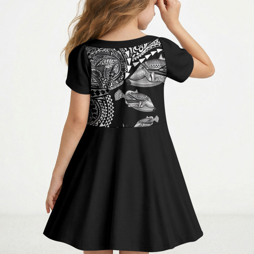 Hawaiian Reef Triggerfish Kid Short Sleeve Dress Polynesian Art with Tribal Humuhumunukunukuapua'a LT03 - Polynesian Pride