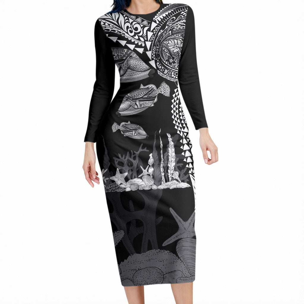 Hawaiian Reef Triggerfish Long Sleeve Bodycon Dress Polynesian Art with Tribal Humuhumunukunukuapua'a LT03 Long Dress Black - Polynesian Pride