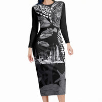 Hawaiian Reef Triggerfish Long Sleeve Bodycon Dress Polynesian Art with Tribal Humuhumunukunukuapua'a LT03 Long Dress Black - Polynesian Pride