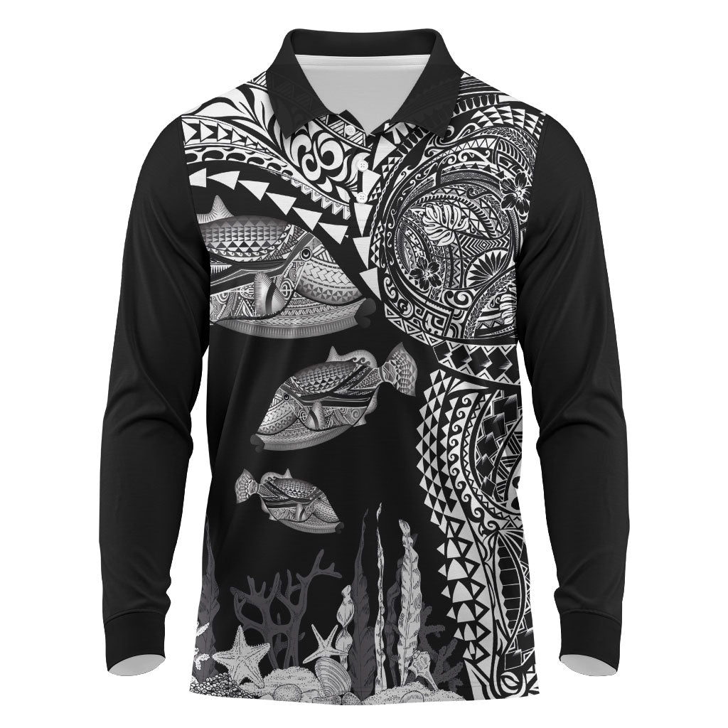 Hawaiian Reef Triggerfish Long Sleeve Polo Shirt Polynesian Art with Tribal Humuhumunukunukuapua'a LT03 Black - Polynesian Pride