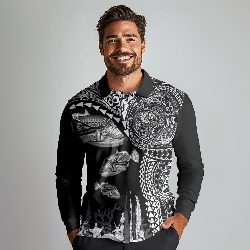 Hawaiian Reef Triggerfish Long Sleeve Polo Shirt Polynesian Art with Tribal Humuhumunukunukuapua'a LT03 - Polynesian Pride