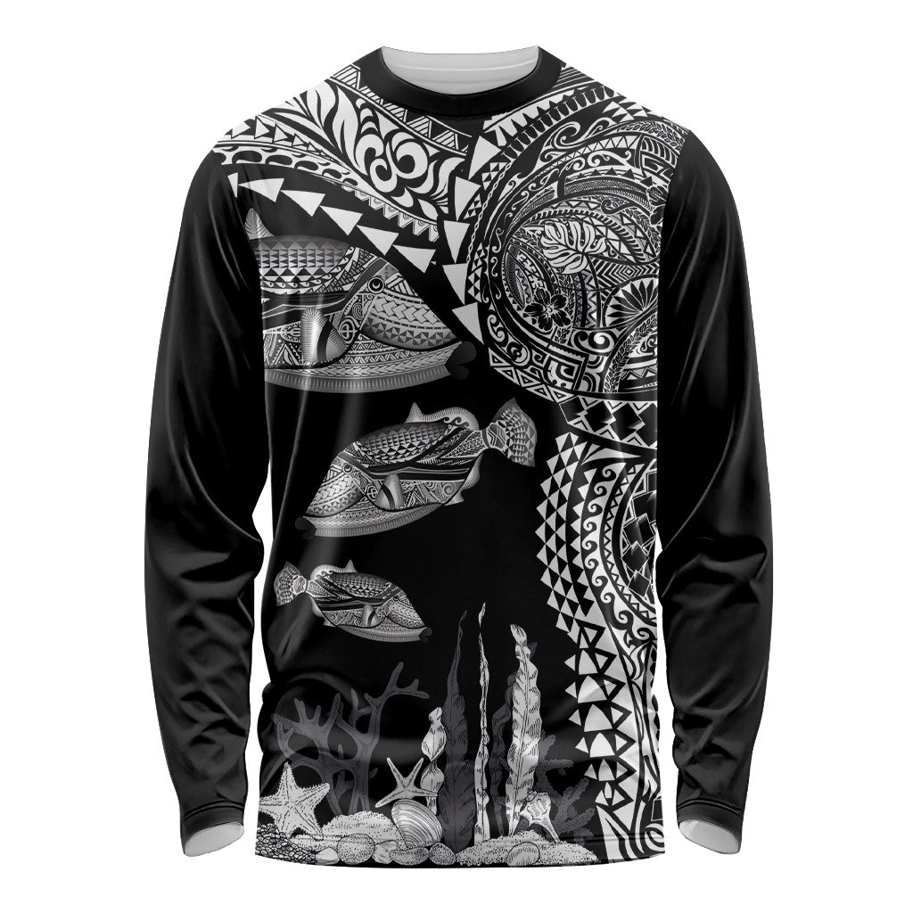 Hawaiian Reef Triggerfish Long Sleeve Shirt Polynesian Art with Tribal Humuhumunukunukuapua'a LT03 Unisex Black - Polynesian Pride