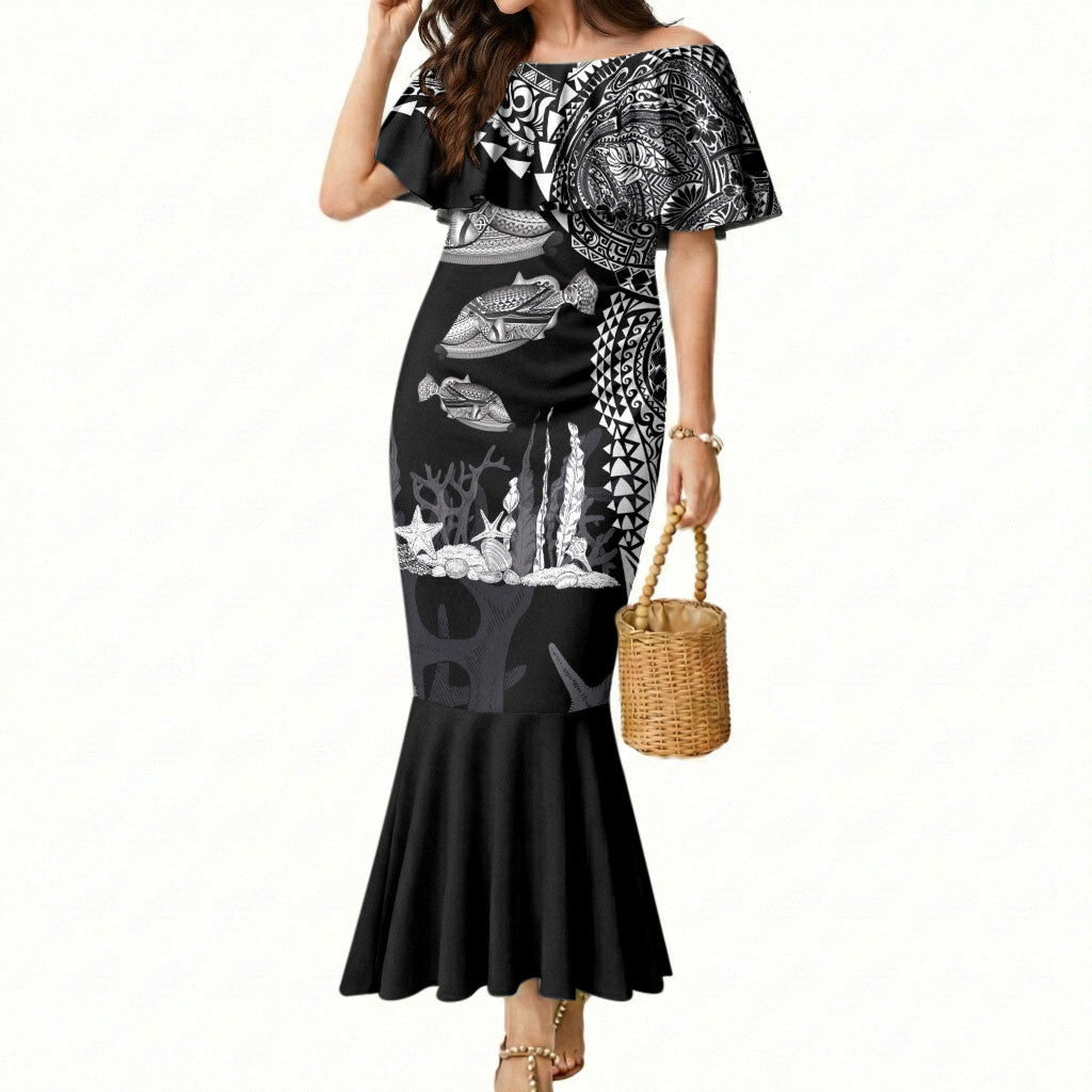 Hawaiian Reef Triggerfish Mermaid Dress Polynesian Art with Tribal Humuhumunukunukuapua'a LT03 Women Black - Polynesian Pride