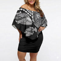 Hawaiian Reef Triggerfish Off Shoulder Short Dress Polynesian Art with Tribal Humuhumunukunukuapua'a LT03 Women Black - Polynesian Pride