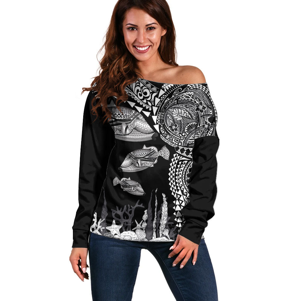 Hawaiian Reef Triggerfish Off Shoulder Sweater Polynesian Art with Tribal Humuhumunukunukuapua'a LT03 Women Black - Polynesian Pride