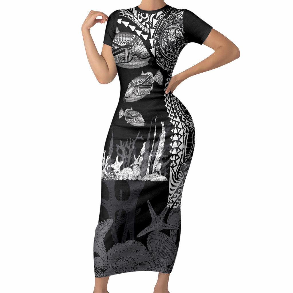 Hawaiian Reef Triggerfish Short Sleeve Bodycon Dress Polynesian Art with Tribal Humuhumunukunukuapua'a LT03 Long Dress Black - Polynesian Pride