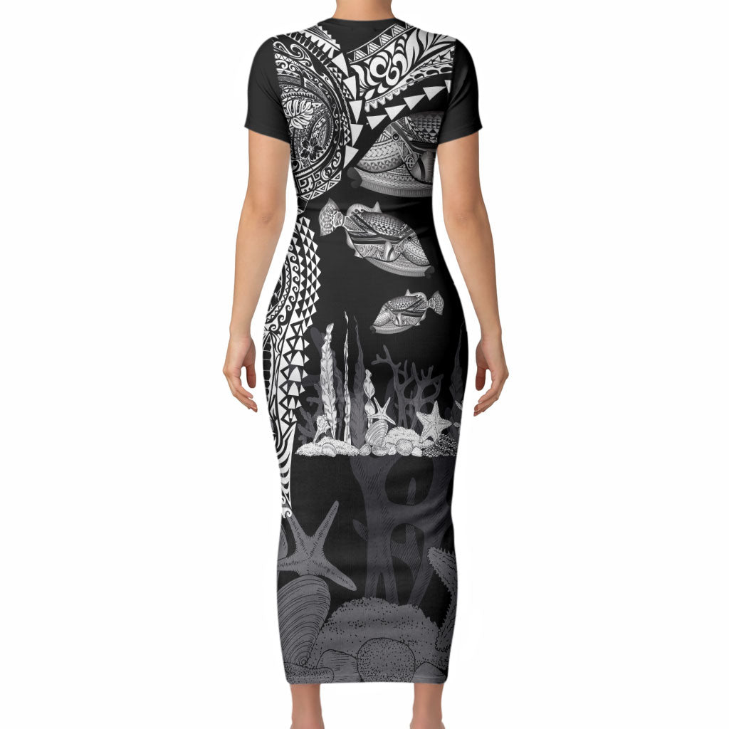 Hawaiian Reef Triggerfish Short Sleeve Bodycon Dress Polynesian Art with Tribal Humuhumunukunukuapua'a LT03 - Polynesian Pride