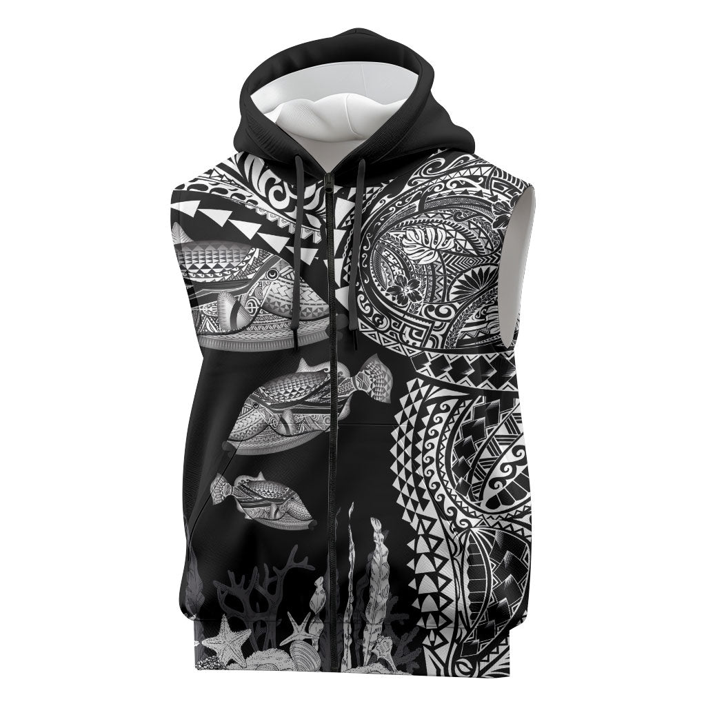Hawaiian Reef Triggerfish Sleeveless Zip Hoodie Polynesian Art with Tribal Humuhumunukunukuapua'a LT03 Black - Polynesian Pride