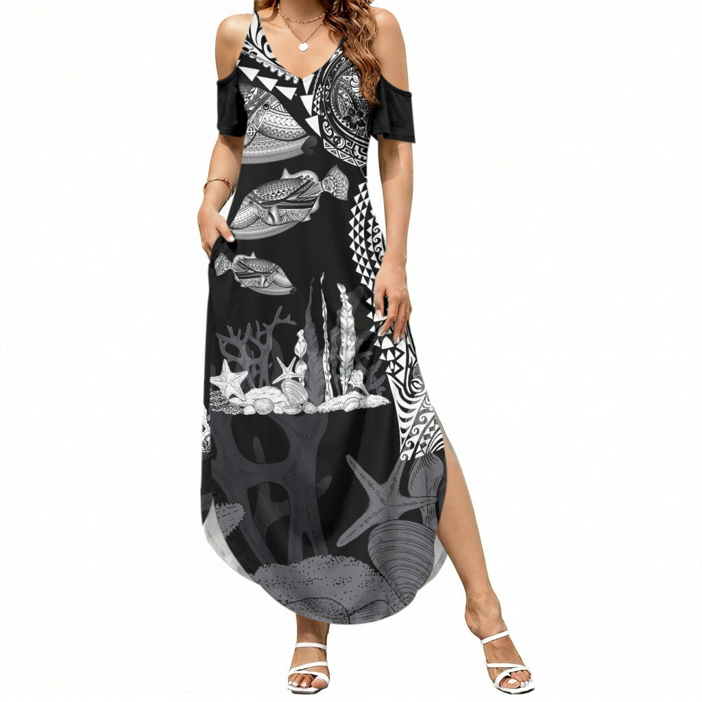 Hawaiian Reef Triggerfish Summer Maxi Dress Polynesian Art with Tribal Humuhumunukunukuapua'a LT03 Women Black - Polynesian Pride