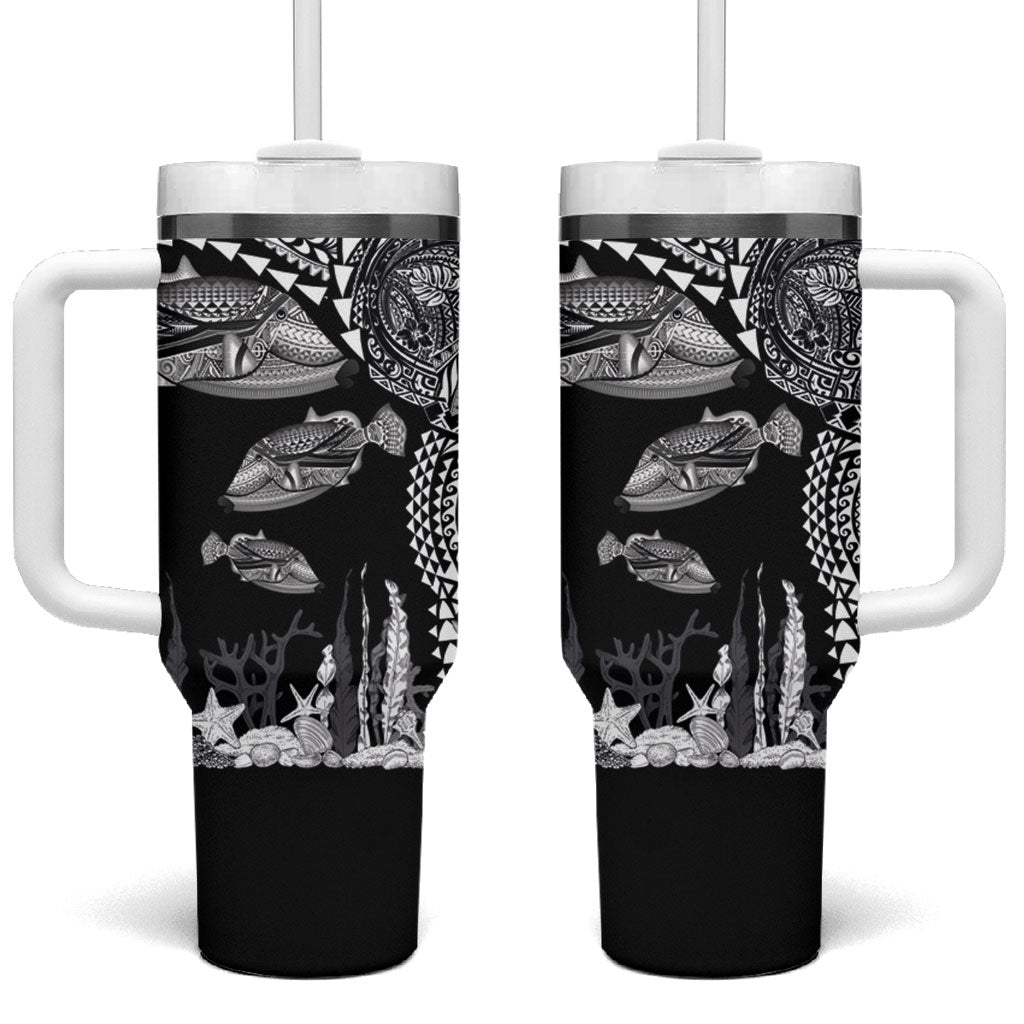 Hawaiian Reef Triggerfish Tumbler With Handle Polynesian Art with Tribal Humuhumunukunukuapua'a LT03 One Size: 40 oz Black - Polynesian Pride