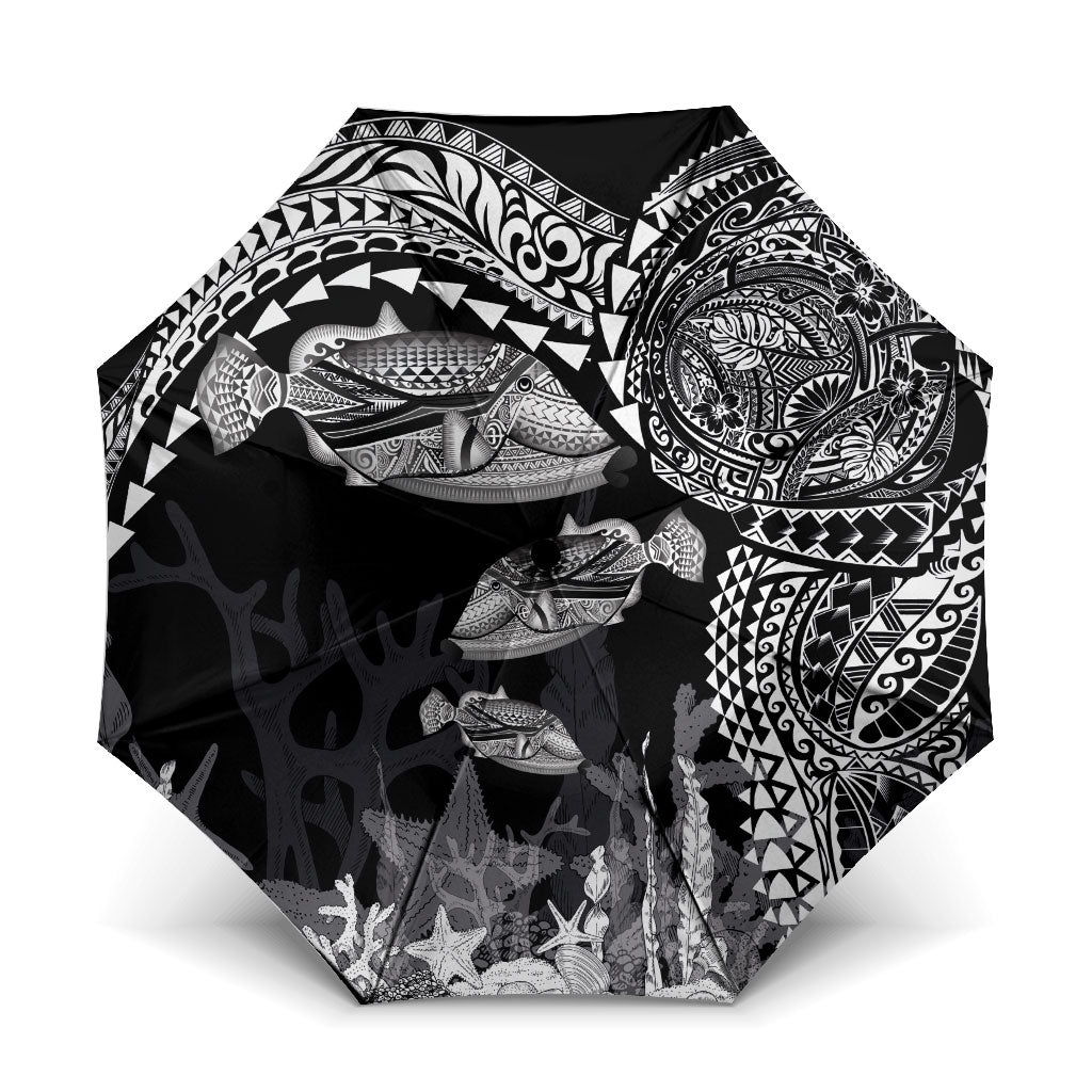 Hawaiian Reef Triggerfish Umbrella Polynesian Art with Tribal Humuhumunukunukuapua'a LT03 One Size Folded 11.42 inch Opened Diameter 37.4 inch Black - Polynesian Pride