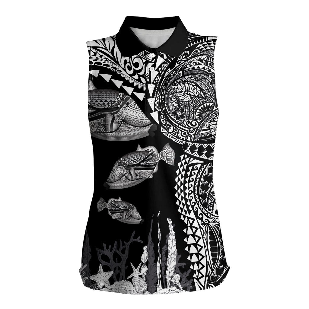 Hawaiian Reef Triggerfish Women Sleeveless Polo Shirt Polynesian Art with Tribal Humuhumunukunukuapua'a LT03 Female Black - Polynesian Pride