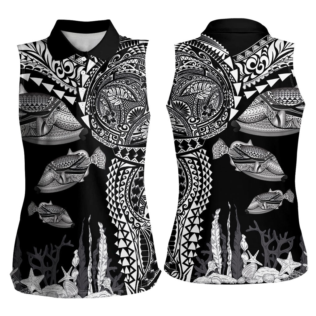 Hawaiian Reef Triggerfish Women Sleeveless Polo Shirt Polynesian Art with Tribal Humuhumunukunukuapua'a LT03 - Polynesian Pride