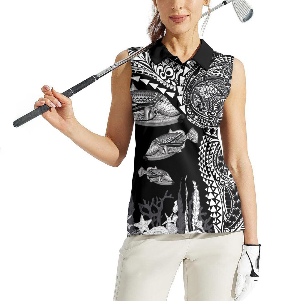 Hawaiian Reef Triggerfish Women Sleeveless Polo Shirt Polynesian Art with Tribal Humuhumunukunukuapua'a LT03 - Polynesian Pride