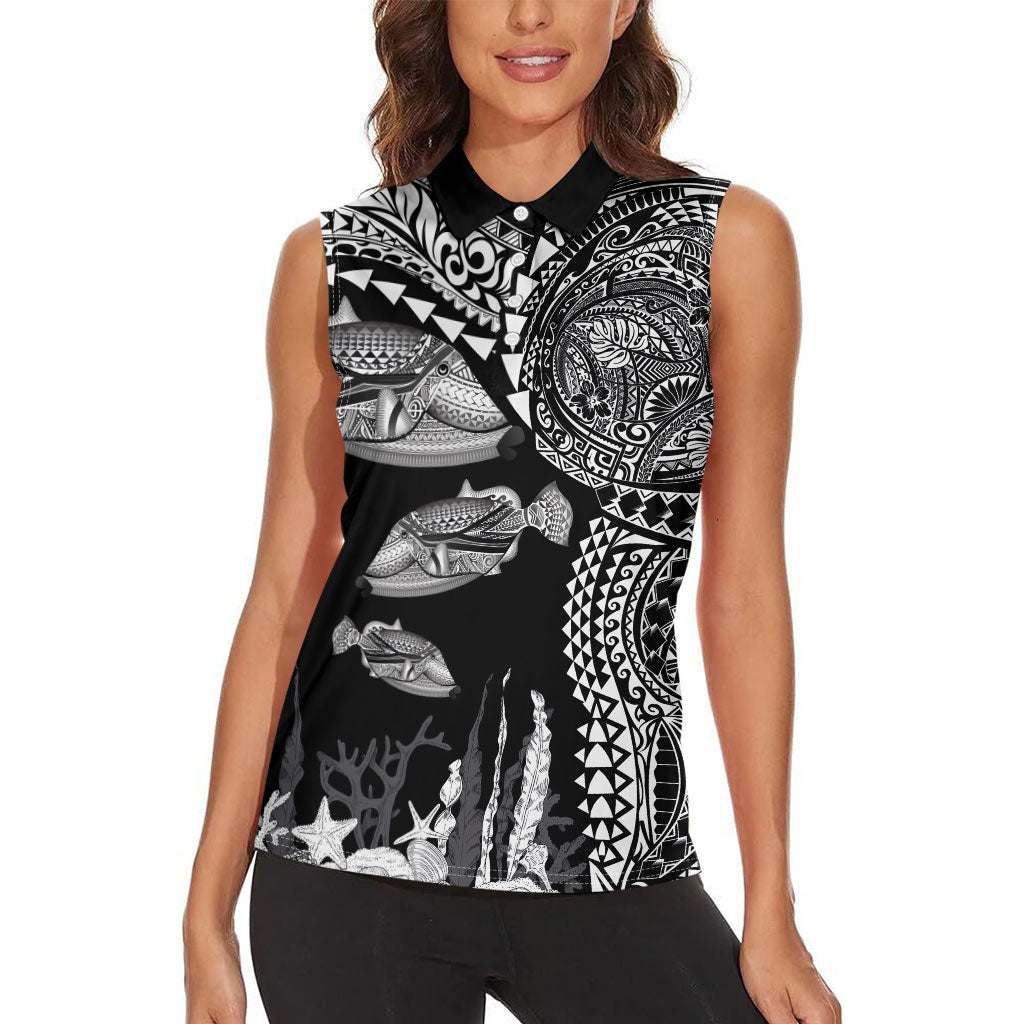 Hawaiian Reef Triggerfish Women Sleeveless Polo Shirt Polynesian Art with Tribal Humuhumunukunukuapua'a LT03 - Polynesian Pride