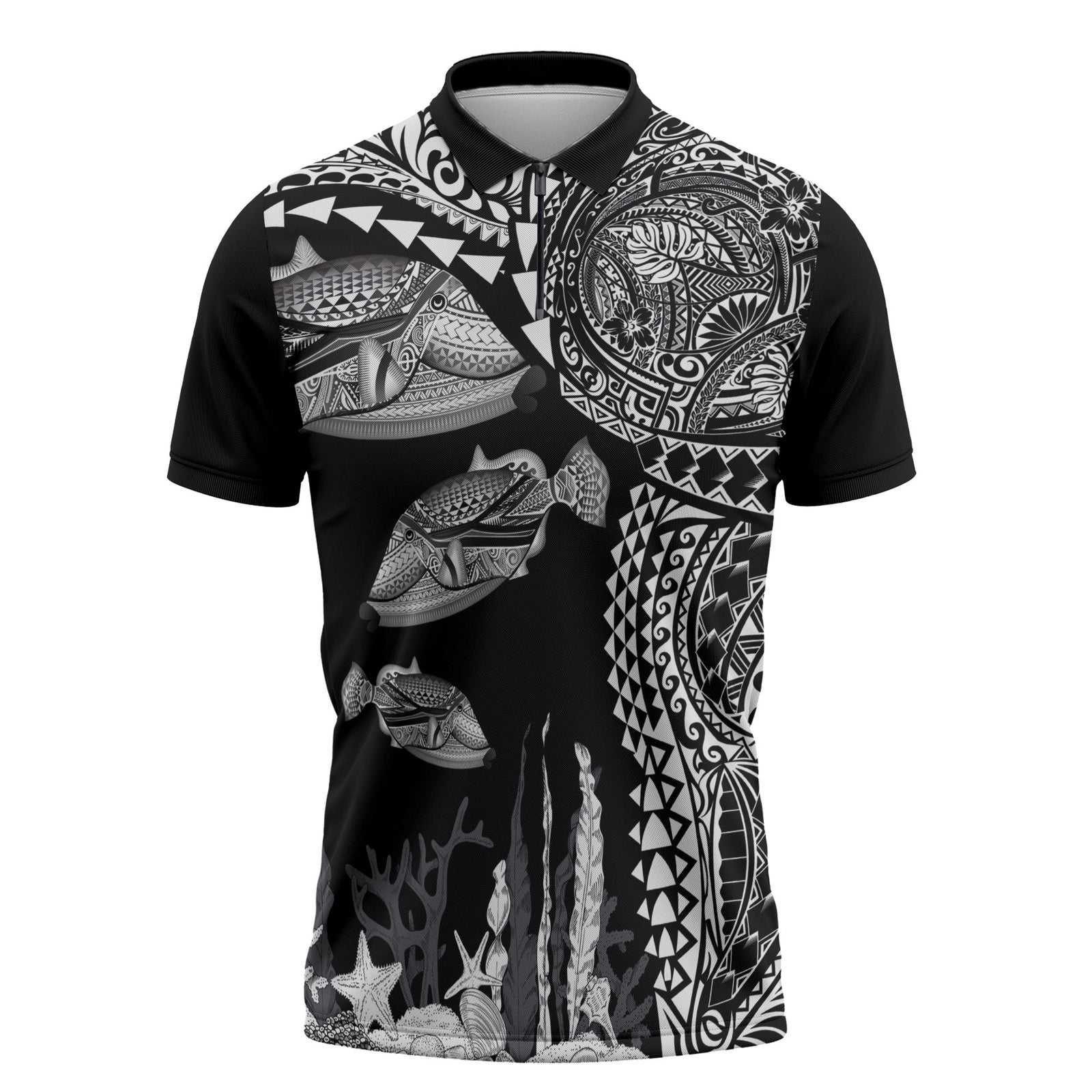 Hawaiian Reef Triggerfish Zipper Polo Shirt Polynesian Art with Tribal Humuhumunukunukuapua'a LT03 Black - Polynesian Pride