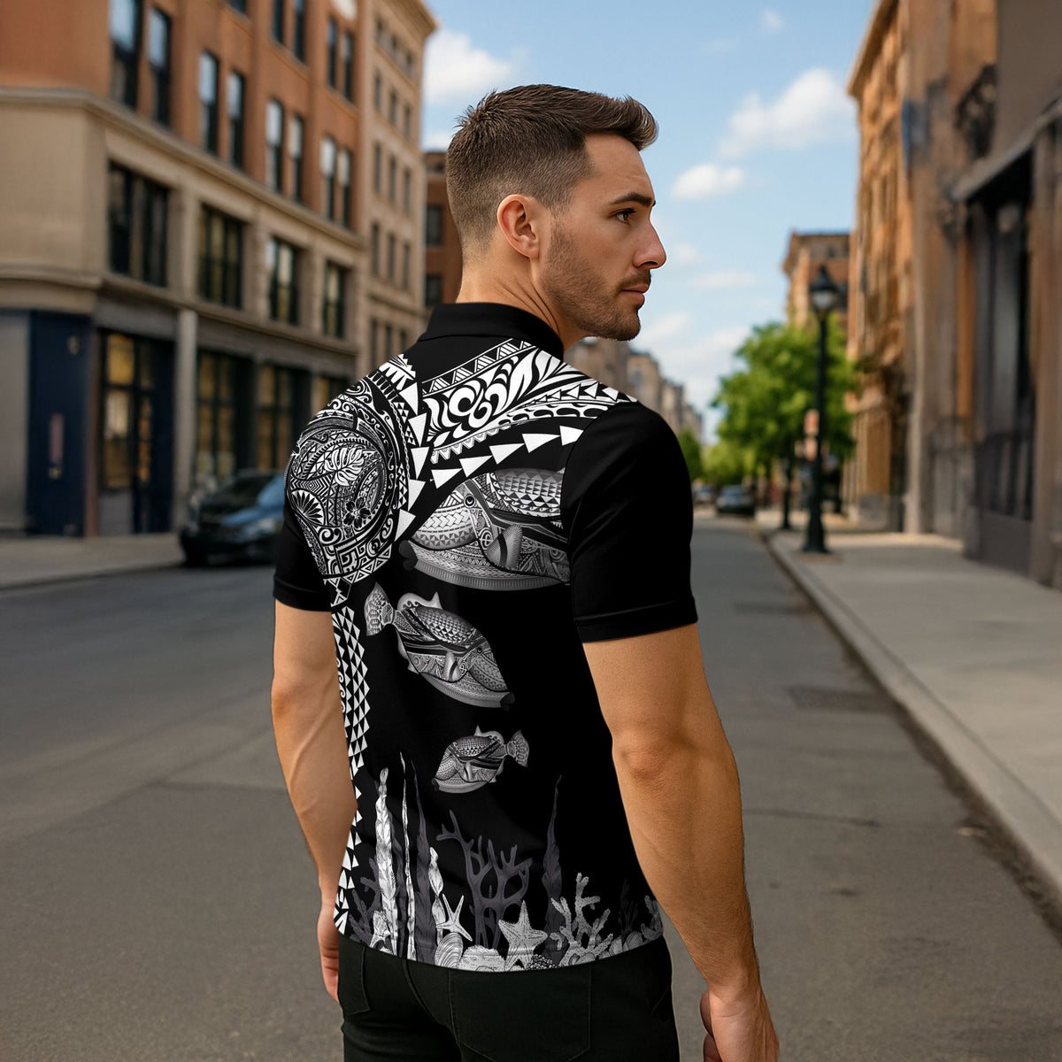 Hawaiian Reef Triggerfish Zipper Polo Shirt Polynesian Art with Tribal Humuhumunukunukuapua'a LT03 - Polynesian Pride