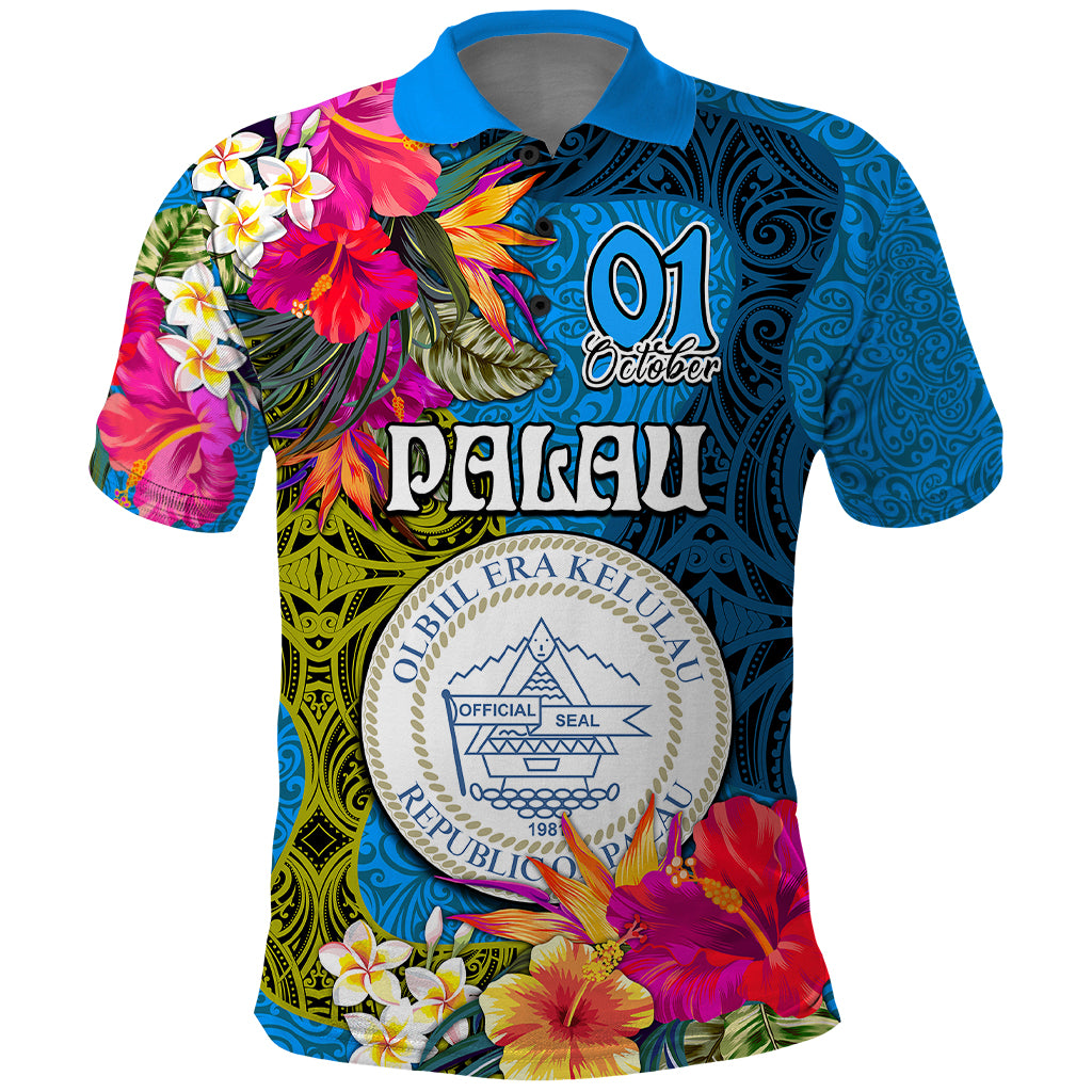 Palau Independence Day Polo Shirt 1st October 29th Anniversary Polynesian with Jungle Flower LT03 Blue - Polynesian Pride