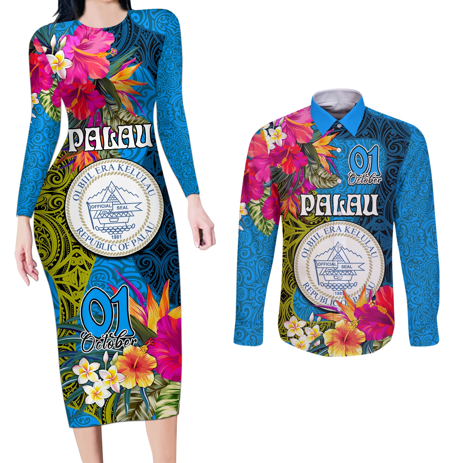 personalised-palau-independence-day-couples-matching-long-sleeve-bodycon-dress-and-long-sleeve-button-shirts-1st-october-29th-anniversary-polynesian-with-jungle-flower