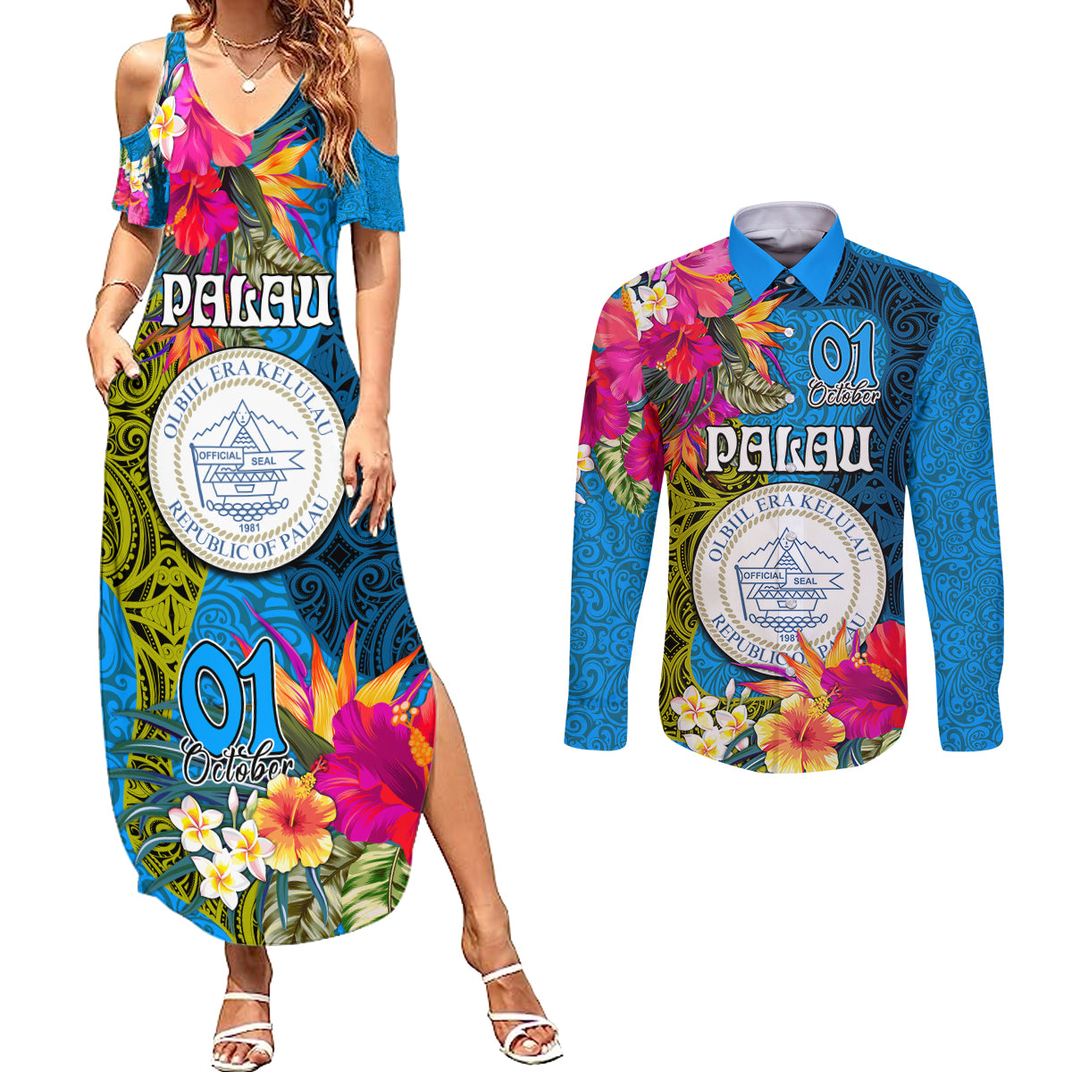 personalised-palau-independence-day-couples-matching-summer-maxi-dress-and-long-sleeve-button-shirts-1st-october-29th-anniversary-polynesian-with-jungle-flower