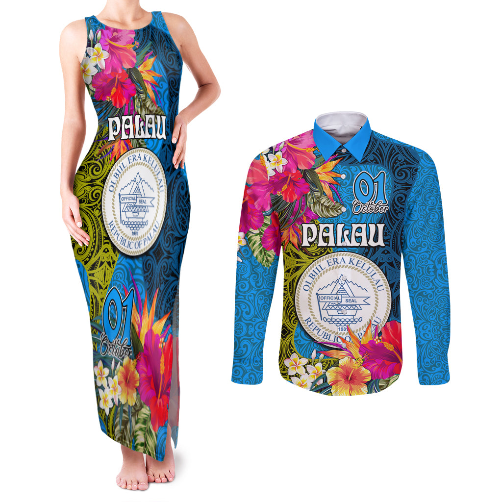 personalised-palau-independence-day-couples-matching-tank-maxi-dress-and-long-sleeve-button-shirts-1st-october-29th-anniversary-polynesian-with-jungle-flower