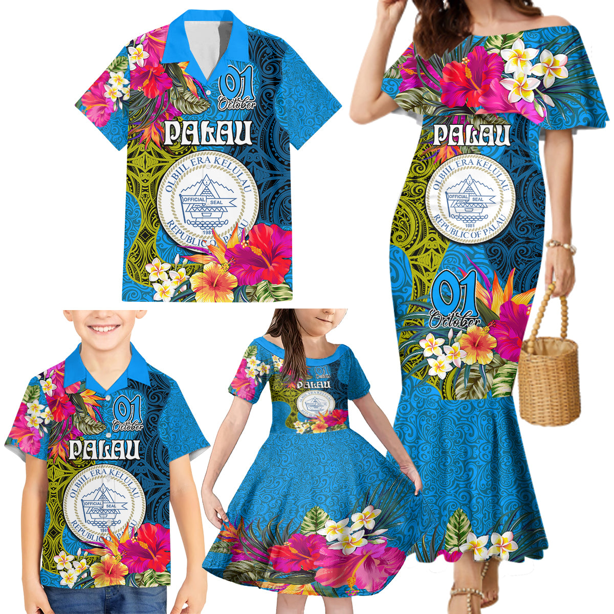 personalised-palau-independence-day-family-matching-mermaid-dress-and-hawaiian-shirt-1st-october-29th-anniversary-polynesian-with-jungle-flower