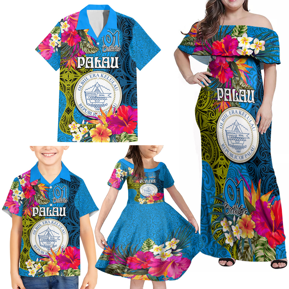 personalised-palau-independence-day-family-matching-off-shoulder-maxi-dress-and-hawaiian-shirt-1st-october-29th-anniversary-polynesian-with-jungle-flower