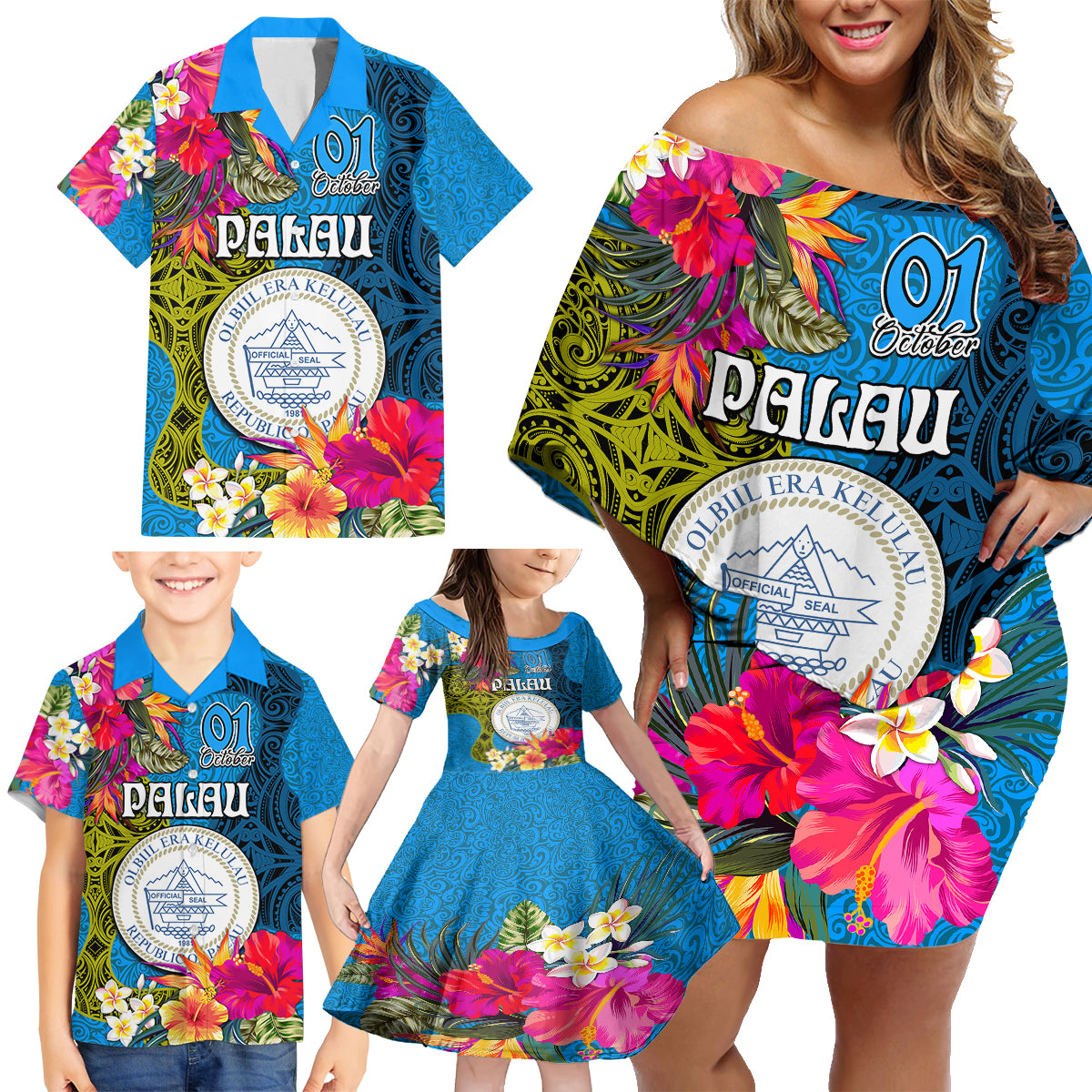 personalised-palau-independence-day-family-matching-off-shoulder-short-dress-and-hawaiian-shirt-1st-october-29th-anniversary-polynesian-with-jungle-flower