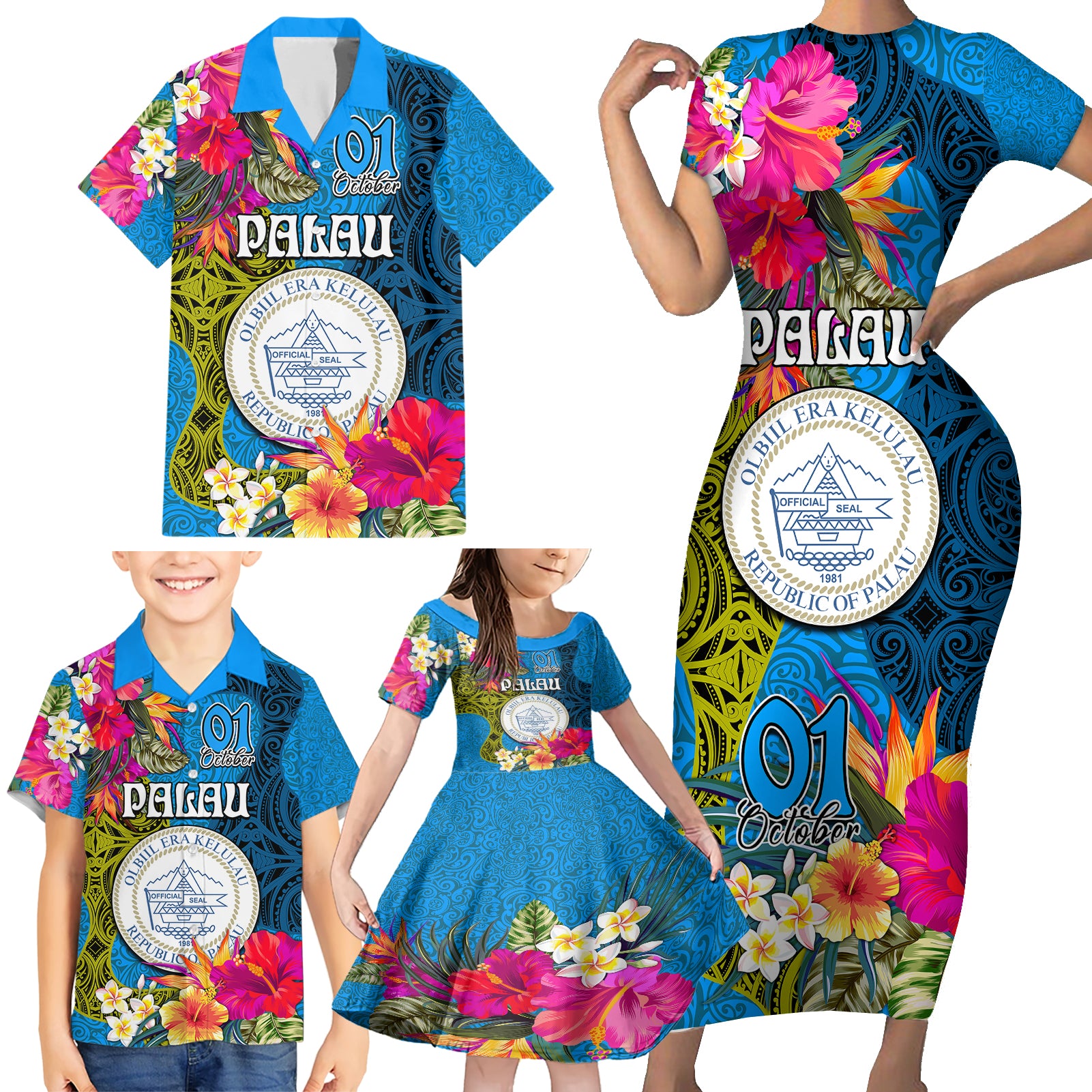 personalised-palau-independence-day-family-matching-short-sleeve-bodycon-dress-and-hawaiian-shirt-1st-october-29th-anniversary-polynesian-with-jungle-flower