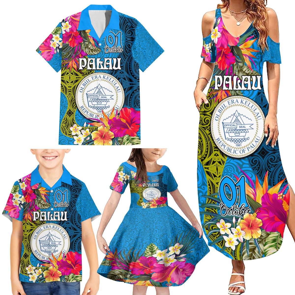 personalised-palau-independence-day-family-matching-summer-maxi-dress-and-hawaiian-shirt-1st-october-29th-anniversary-polynesian-with-jungle-flower