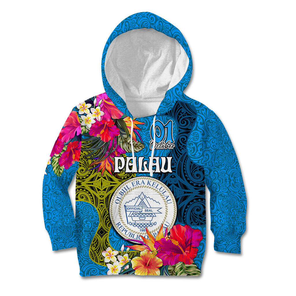 Personalised Palau Independence Day Kid Hoodie 1st October 29th Anniversary Polynesian with Jungle Flower LT03 Hoodie Blue - Polynesian Pride