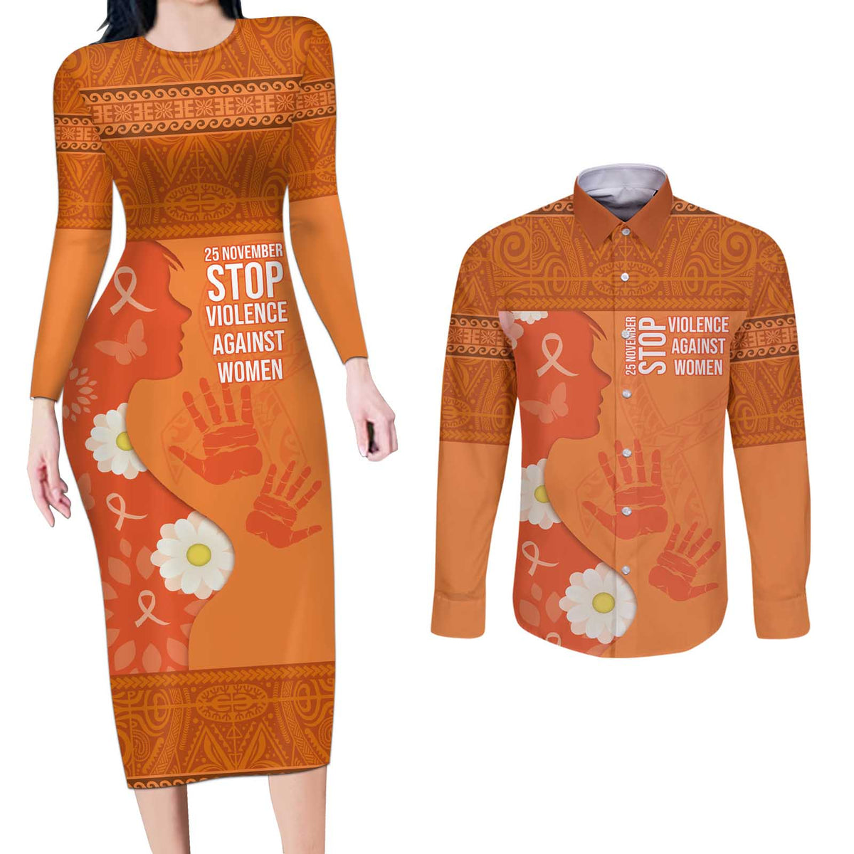 International Day for the Elimination of Violence Against Women Couples Matching Long Sleeve Bodycon Dress and Long Sleeve Button Shirt Polynesian Pattern