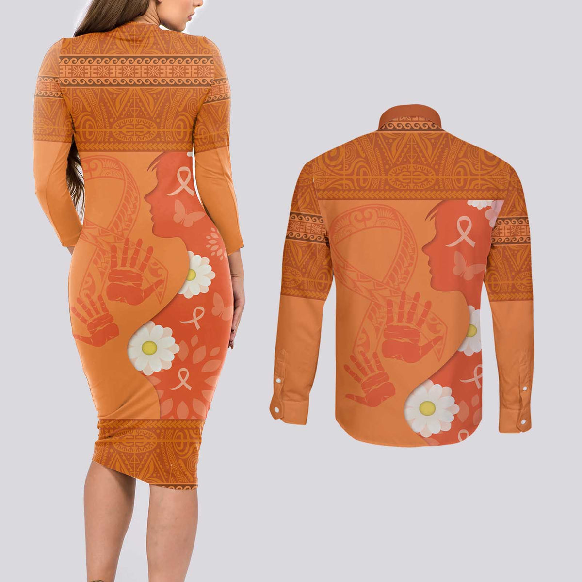 International Day for the Elimination of Violence Against Women Couples Matching Long Sleeve Bodycon Dress and Long Sleeve Button Shirt Polynesian Pattern
