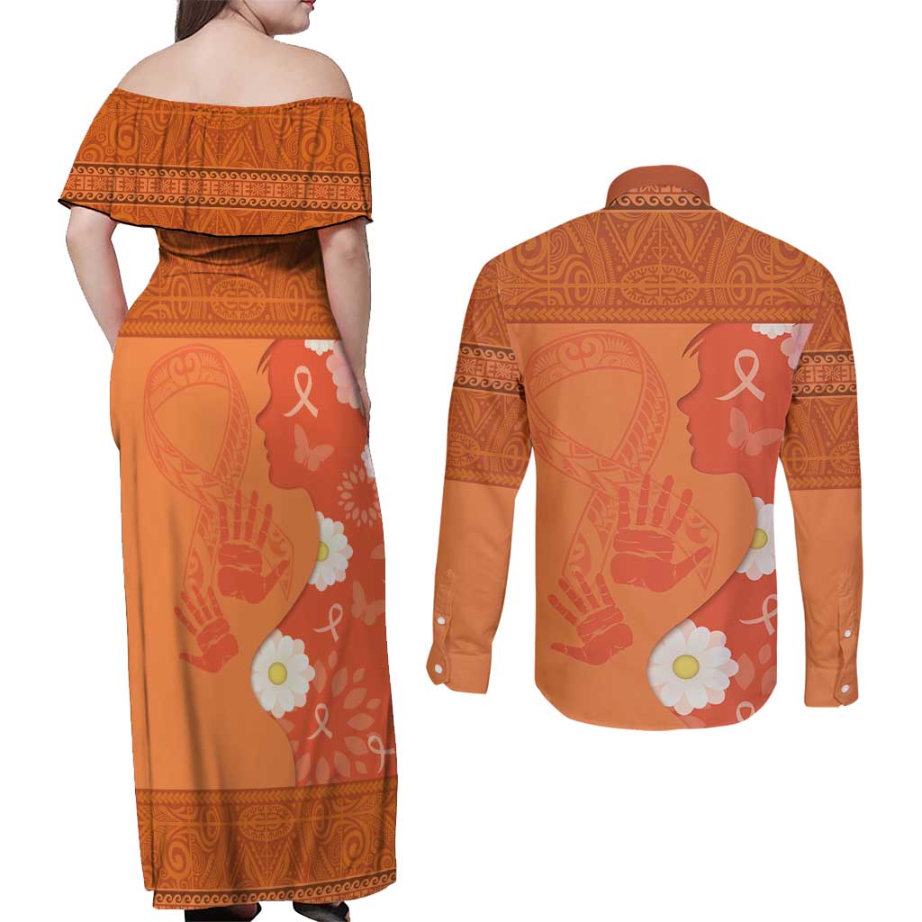 International Day for the Elimination of Violence Against Women Couples Matching Off Shoulder Maxi Dress and Long Sleeve Button Shirt Polynesian Pattern