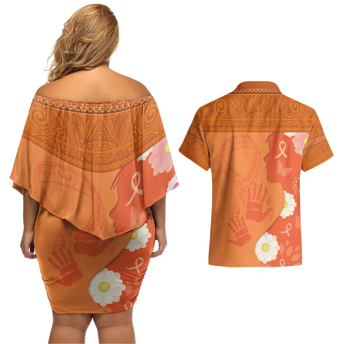 International Day for the Elimination of Violence Against Women Couples Matching Off Shoulder Short Dress and Hawaiian Shirt Polynesian Pattern