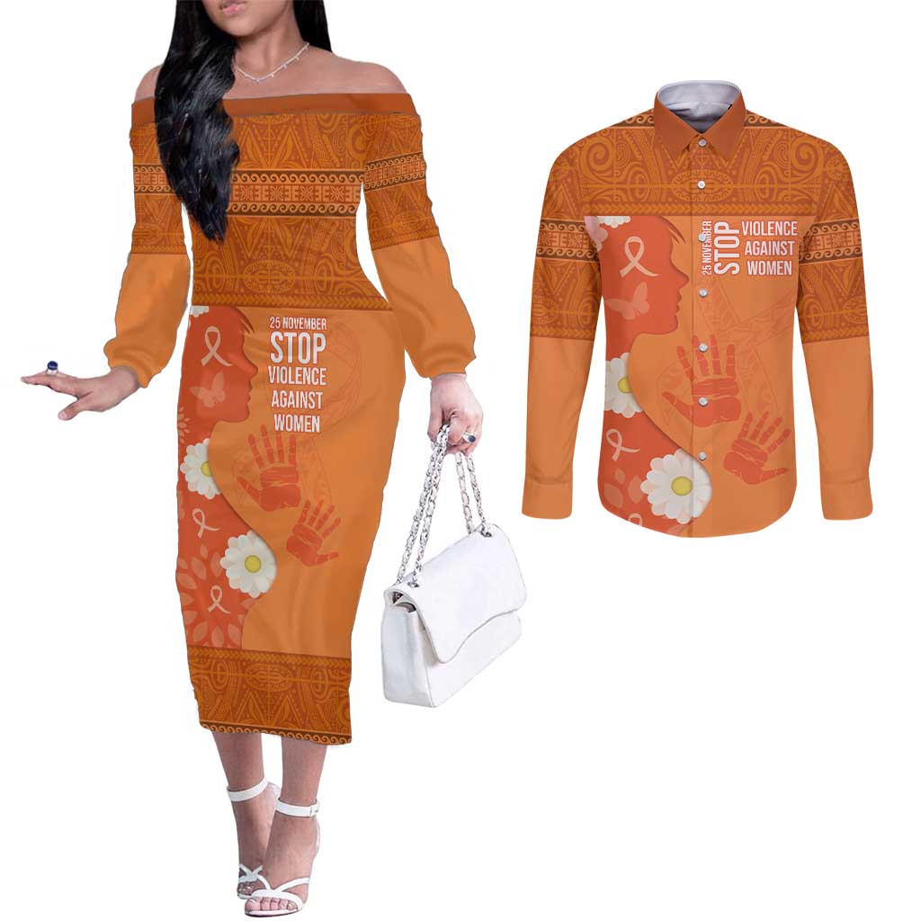 International Day for the Elimination of Violence Against Women Couples Matching Off The Shoulder Long Sleeve Dress and Long Sleeve Button Shirt Polynesian Pattern